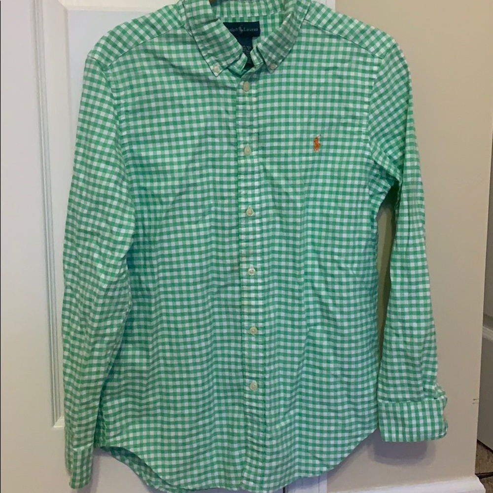 Green and white plaid button down polo